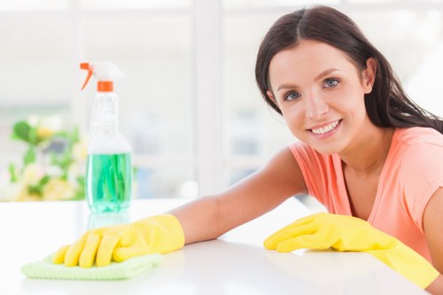 Carpet cleaning team preparing equipment with safety focus